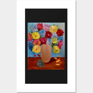 abstract pastel colored flowers in a gold vas Posters and Art